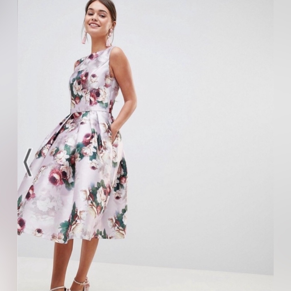 ASOS Chi Chi London Pale Pink Floral Midi Fit-and-Flare Dress